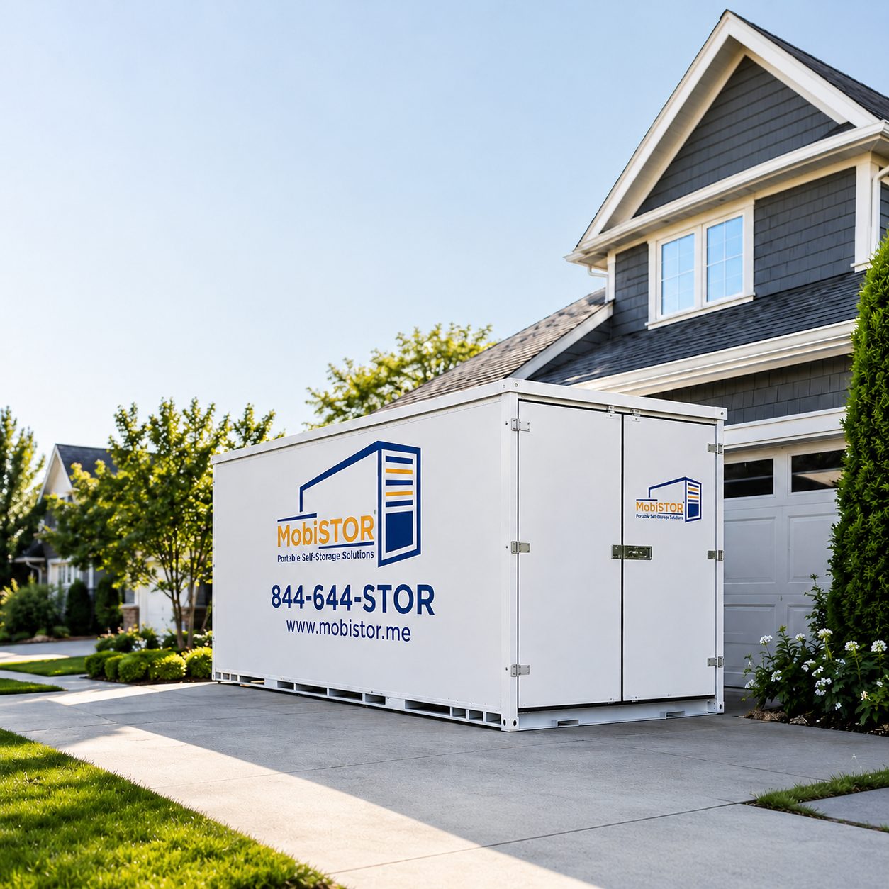 MobiStor Mobi portable storage container delivered to a residential driveway in Mansfield, Ohio